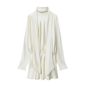 Elegant pearl white long sleeve satin mini dress with turtleneck and draped pleats