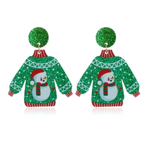Christmas sweater earrings featuring green glitter, snowman motif and red stripes on white background