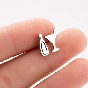 Asymmetric stainless steel stud earrings featuring a wine bottle and martini glass design