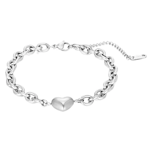 Silver stainless steel chain bracelet featuring a 3D heart pendant on a white background