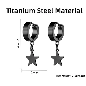 Macro view of matte black titanium steel star hoop earring showing 28mm height detail