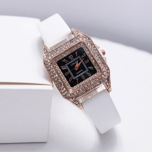 Elegant square rose gold quartz watch with diamond bezel and white leather strap