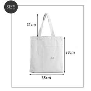 White canvas tote bag for women showing 35x38cm dimensions and A4 size capacity