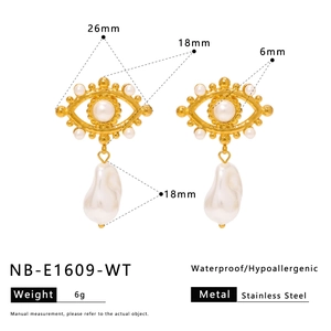 Detailed view of evil eye earrings with dimensions, weight, and stainless steel specs