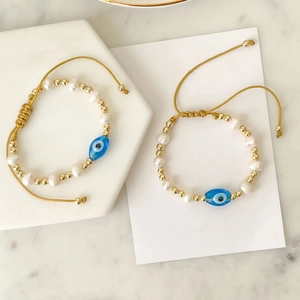 Retro Freshwater Pearl Evil Eye Beaded Bracelet For Women 18K Gold Plated Copper Beads Handmade Woven Bohemian Ins Style Jewelry