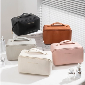 Multi-color vertical textured PU leather makeup bags with handle for travel storage