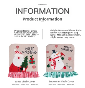 Detailed size specifications for Santa and Snowman linen chair covers with striped trim