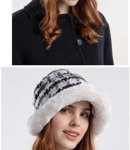 Detail of winter plush checkerboard bucket hat paired with a premium black wool coat