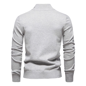 Back view of light gray men's knit sweater featuring ribbed hem and sleeve cuffs detail