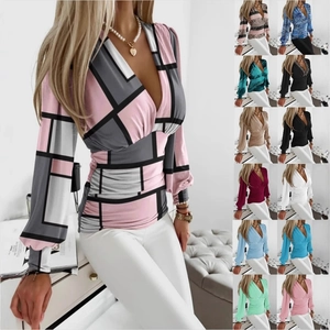 Women V-Neck Blouse Long Lantern Sleeve Ruched Waist Pleated Top Geometric Print Abstract Pattern Commuter Elegant Style