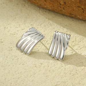 Minimalist square geometric silver earrings with pleated fan texture on stone base