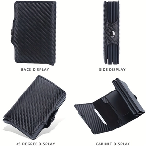 Detail view of carbon fiber RFID wallet showing four perspectives and snap closure