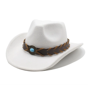 Detail of white felt cowboy hat featuring woven leather band and turquoise metal buckle