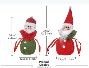 Detailed view of knitted Christmas gift bags with Santa and snowman drawstring designs