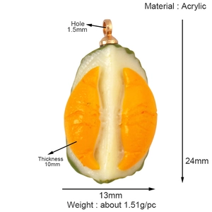 Detailed size chart for acrylic durian pendant showing dimensions 24x13x10mm and hole size
