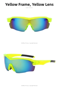 Dual-angle view of yellow frame sports sunglasses with colorful gradient lenses