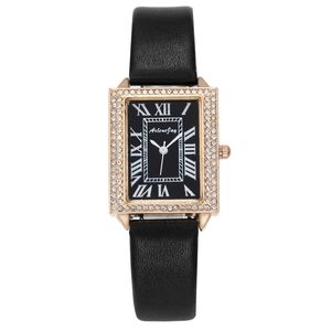 Montre Femme Quartz Carrée Lunette Strass Bracelet Cuir PU Chiffres Romains Vintage Mode Luxe Montre Bracelet