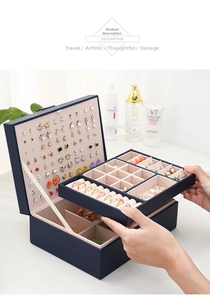 Detail of the navy blue leather jewelry box showing double-layer storage and inner tray