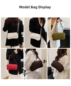 Collage of model wearing elegant baguette shoulder bags in four stylish colors