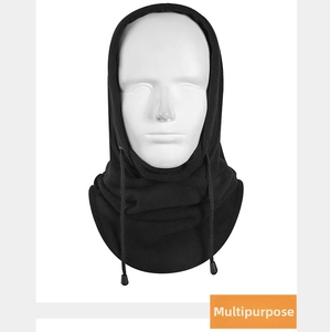 Detail of black fleece balaclava with adjustable drawstring and plastic cord lock