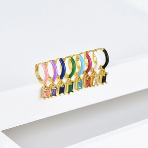 Colorful S925 silver needle hoop earrings with rectangular zircon drops in 8 vibrant styles