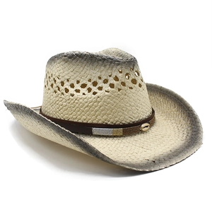 Summer straw cowboy hat with cutout vents and shell leather band for sun protection