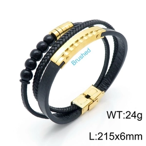 Detail of multi-layer leather bracelet showing brushed gold buckle and dimensions
