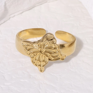 Bague ouverte papillon en acier inoxydable plaqué or 18 carats avec finition polie