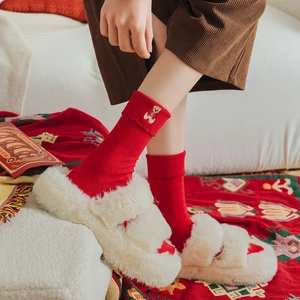 Festive red cotton crew socks featuring cute bear embroidery and stylish folded cuffs