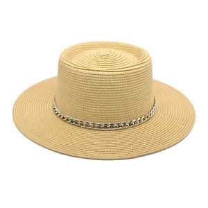 Straw boater hat with metallic chain trim and wide flat brim for summer sun protection