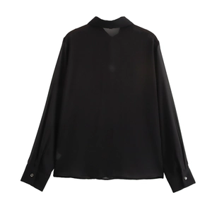 Elegant black long sleeve chiffon blouse for women featuring a minimalist back view design