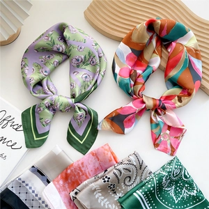 Women Square Satin Like Scarf Polyester Satin Neck Headband Hair Band Bag Accessory Paisley Floral Geometric Print Elegant Retro