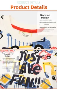 Detail of boys crewneck sweatshirt showing elastic collar and excavator digital print