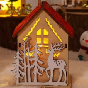 Luminous Christmas wooden house ornament with red roof and warm LED light decoration