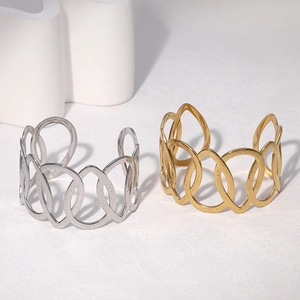 Wide Cuff Bracelet Stainless Steel Hollow Geometric Interlocking Hammered Texture Open Adjustable Jewelry For Women