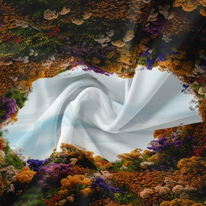 Detailed close-up of premium floral print silk scarf with artistic botanical patterns