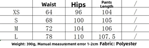 Size chart for women's loose vest and wide trousers set with waist and hip measurements