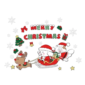 Christmas window clings featuring cartoon reindeer and dogs on a red festive sleigh