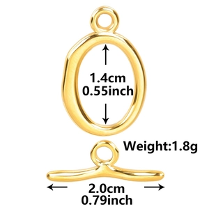 Detailed view of 18k gold plated stainless steel toggle clasp with dimension markers