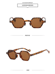 Detailed front and side views of leopard print hexagonal retro sunglasses in brown