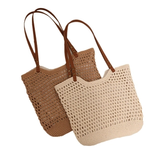 Hollow out cotton woven shoulder bags in brown and beige with leather straps