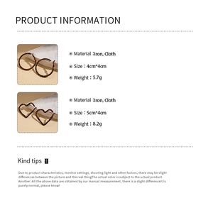 Detail specifications of leopard print fabric hoop earrings in round and heart shapes