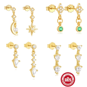 925 Sterling Silver Earrings 18K Gold Plated Asymmetric Heart Star Moon Zircon Artificial Pearl Drop Studs Elegant Jewelry For Women