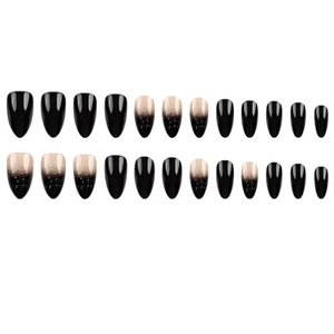 24pcs long almond press-on nails with black gradient design and fine glitter finish