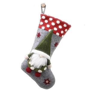 20-inch Christmas stocking with 3D plush gnome, grey felt and red polka dot trim