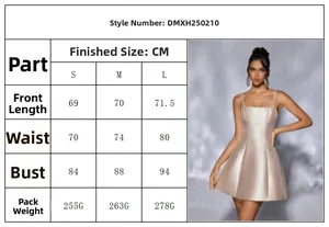 Size guide for champagne satin mini cocktail dress showing S, M, L measurements