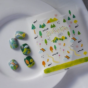 5D embossed forest nature landscape nail art stickers with trees and mountains design