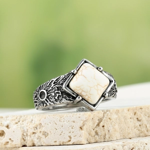 Vintage titanium steel ring with square cream stone and sunray pattern for men and women