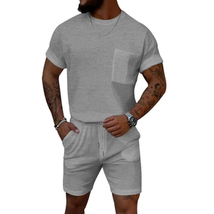 Men's grey waffle knit 2-piece short set with crewneck pocket T-shirt and drawstring shorts