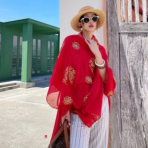 Long red lightweight shawl with gold floral patterns for beach sun protection